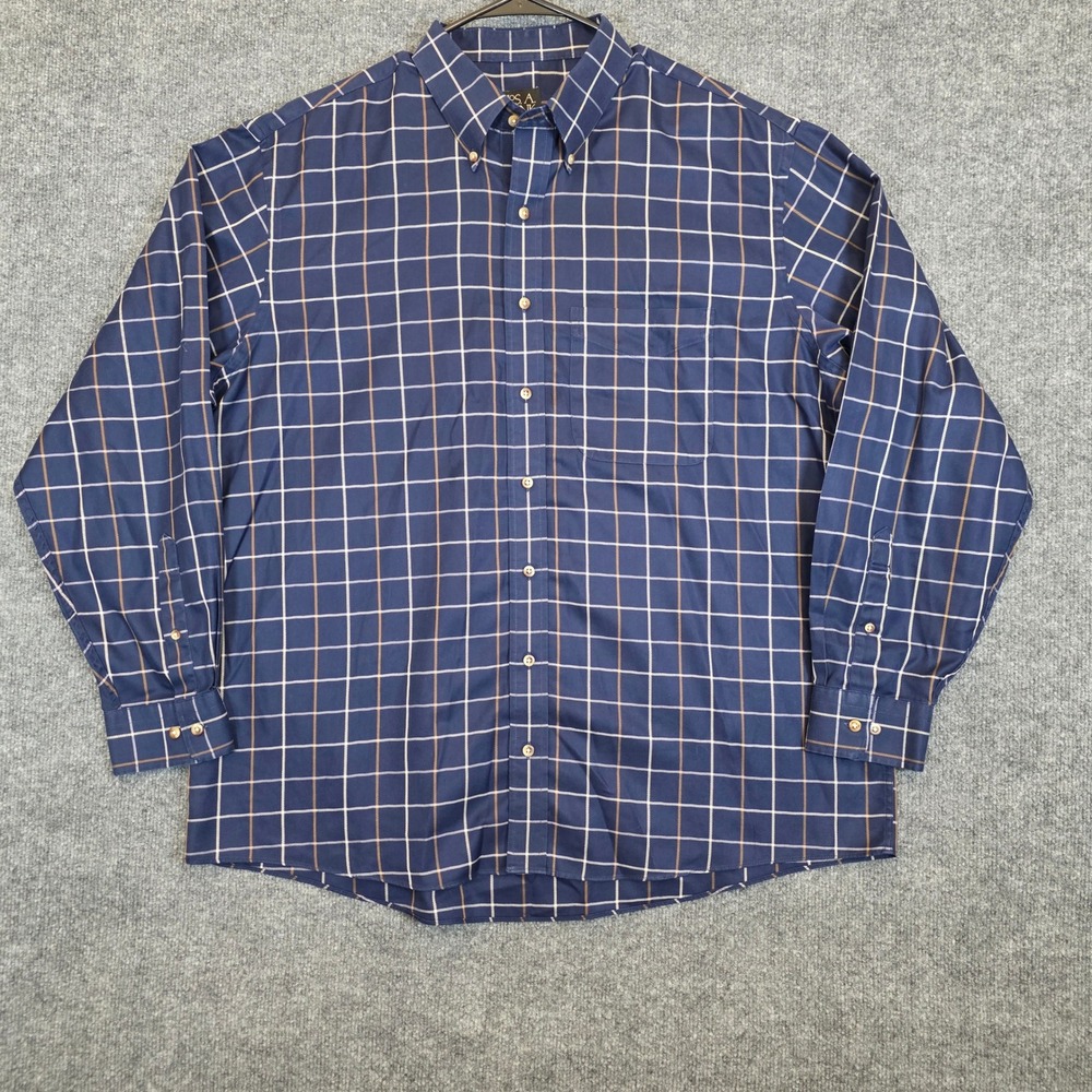 Jos A Bank Travelers Collection Shirt XL Blue Windowpane Long Sleeve Button Down